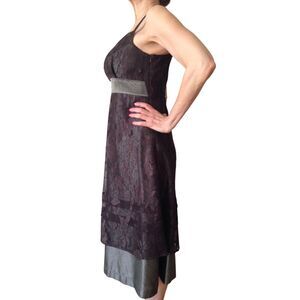 RARE Vintage Jill Anderson chocolate brown lace over green satin midi dress